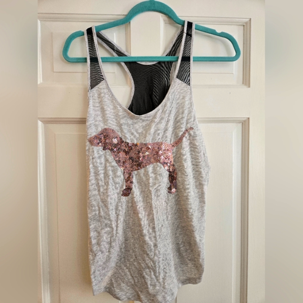 PINK Victoria's Secret Gray Tank with Pink Sequin Dog